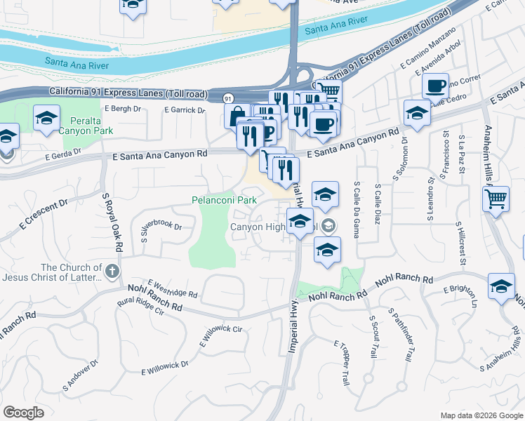 map of restaurants, bars, coffee shops, grocery stores, and more near 5532 East Vista Del Este in Anaheim