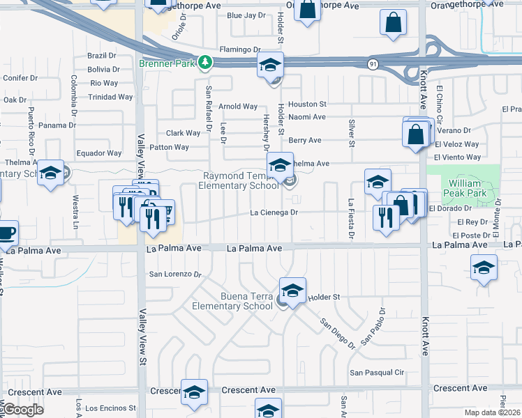 map of restaurants, bars, coffee shops, grocery stores, and more near 7869 La Mirada Circle in Buena Park