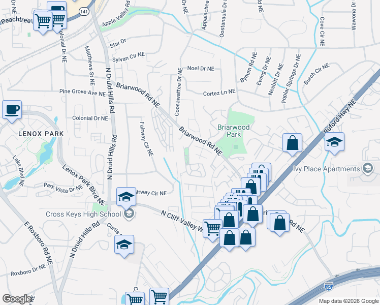 map of restaurants, bars, coffee shops, grocery stores, and more near 2122 Cobblestone Circle Northeast in Atlanta