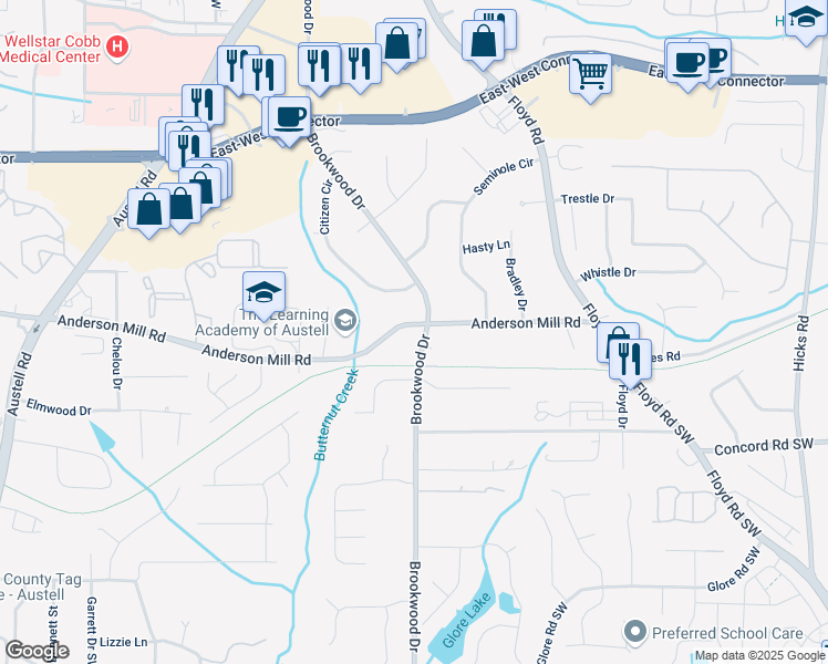 map of restaurants, bars, coffee shops, grocery stores, and more near 1340 Anderson Mill Road in Austell