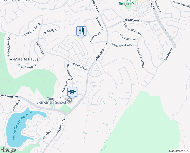 map of restaurants, bars, coffee shops, grocery stores, and more near 1070 South Volterra Way in Anaheim