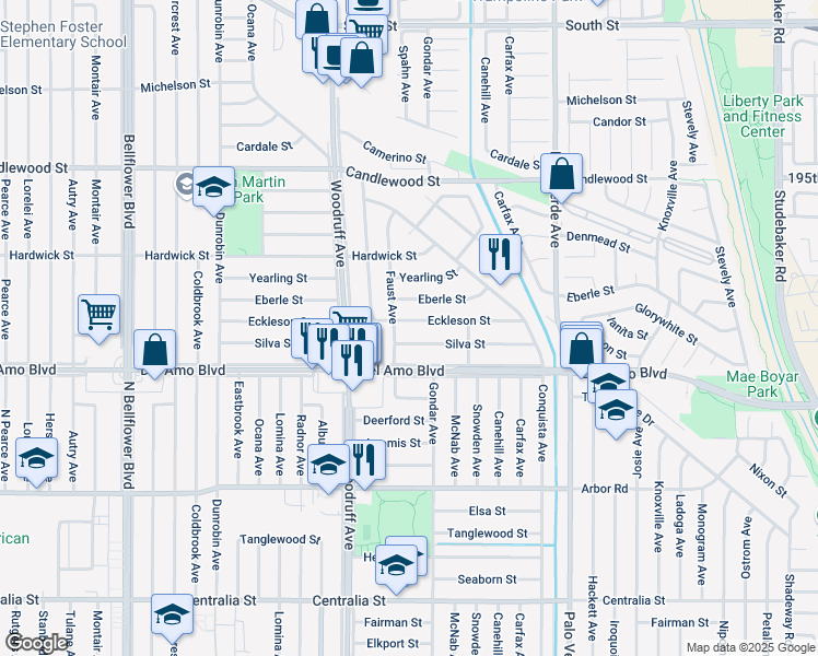 map of restaurants, bars, coffee shops, grocery stores, and more near 6014 Eckleson Street in Lakewood