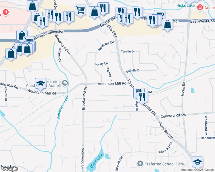 map of restaurants, bars, coffee shops, grocery stores, and more near 1213 Anderson Mill Road in Austell