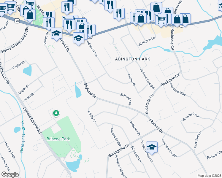 map of restaurants, bars, coffee shops, grocery stores, and more near 2764 Eldorado Place in Snellville