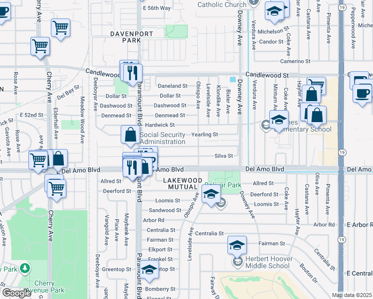 map of restaurants, bars, coffee shops, grocery stores, and more near 2922 Eckleson Street in Lakewood
