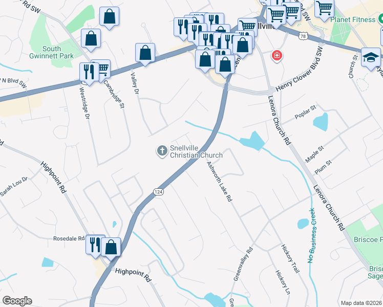 map of restaurants, bars, coffee shops, grocery stores, and more near 2465 Scenic Highway South in Snellville