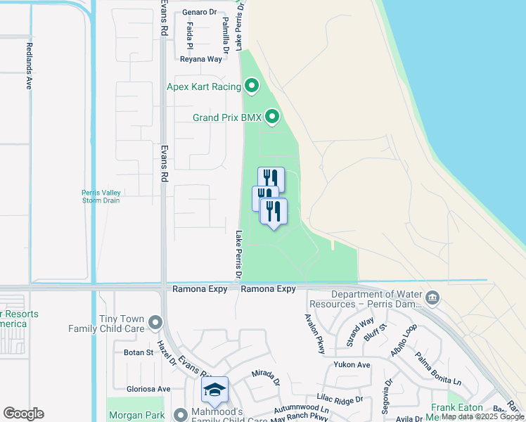 map of restaurants, bars, coffee shops, grocery stores, and more near 18700 Lake Perris Drive in Perris