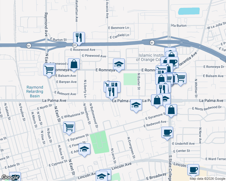 map of restaurants, bars, coffee shops, grocery stores, and more near 1030 North Acacia Street in Anaheim