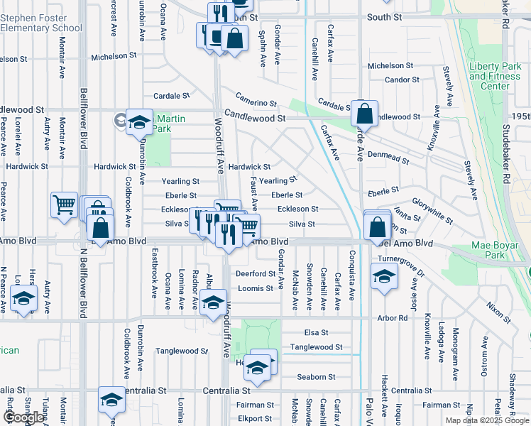 map of restaurants, bars, coffee shops, grocery stores, and more near 6014 Eckleson Street in Lakewood