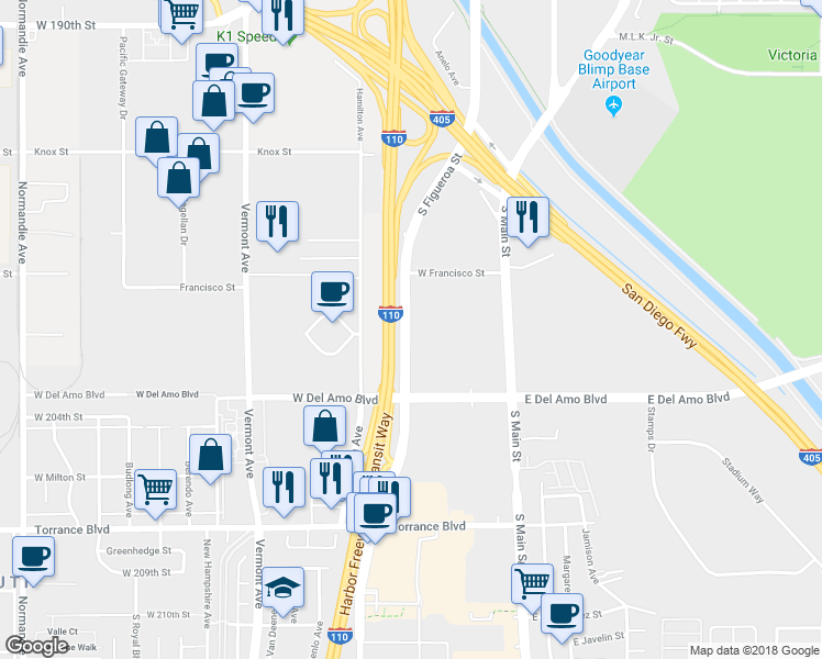 map of restaurants, bars, coffee shops, grocery stores, and more near 20100 South Figueroa Street in Carson