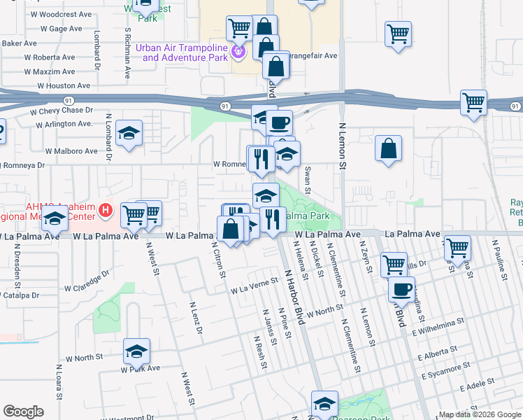 map of restaurants, bars, coffee shops, grocery stores, and more near 531 West Julianna Street in Anaheim