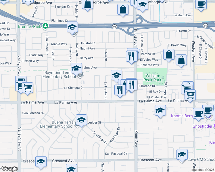 map of restaurants, bars, coffee shops, grocery stores, and more near 7860 La Fiesta Drive in Buena Park