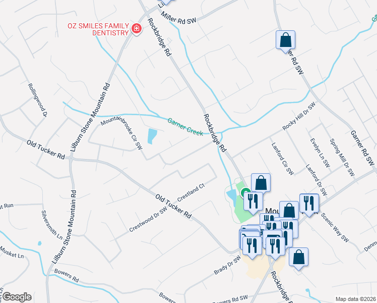 map of restaurants, bars, coffee shops, grocery stores, and more near 520 Mountainbrooke Circle Southwest in Stone Mountain