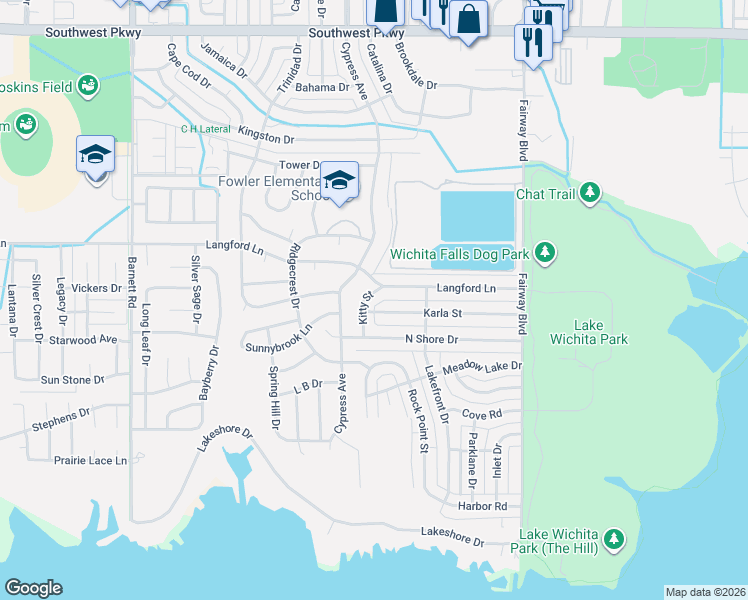 map of restaurants, bars, coffee shops, grocery stores, and more near 4902 Kitty Street in Wichita Falls