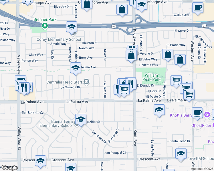 map of restaurants, bars, coffee shops, grocery stores, and more near 7860 La Fiesta Drive in Buena Park