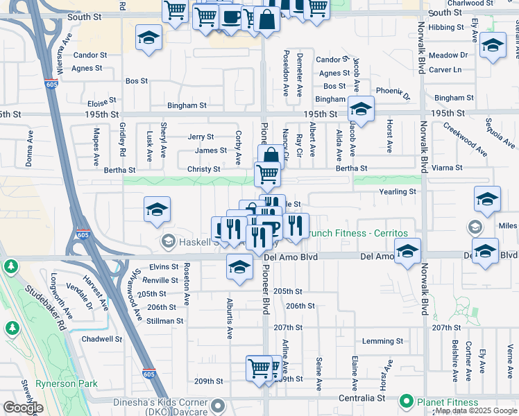 map of restaurants, bars, coffee shops, grocery stores, and more near 20001 Village Green Drive in Lakewood