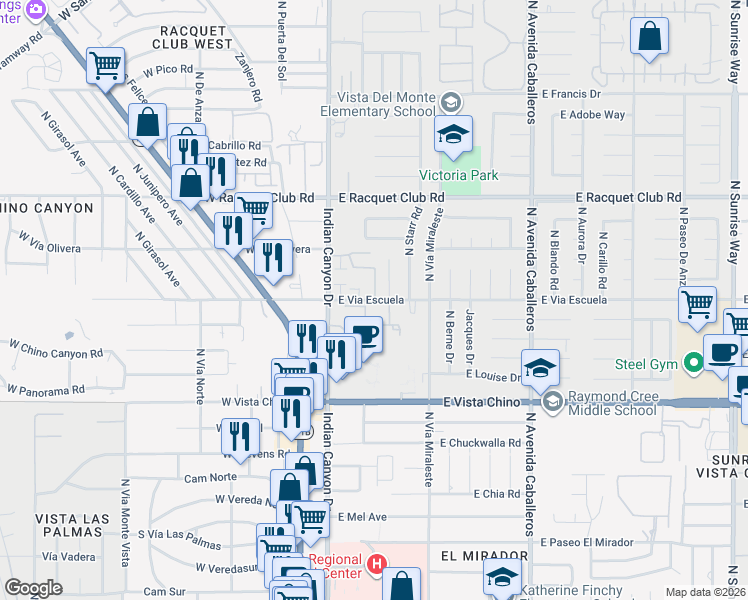 map of restaurants, bars, coffee shops, grocery stores, and more near 353 East Vía Escuela in Palm Springs