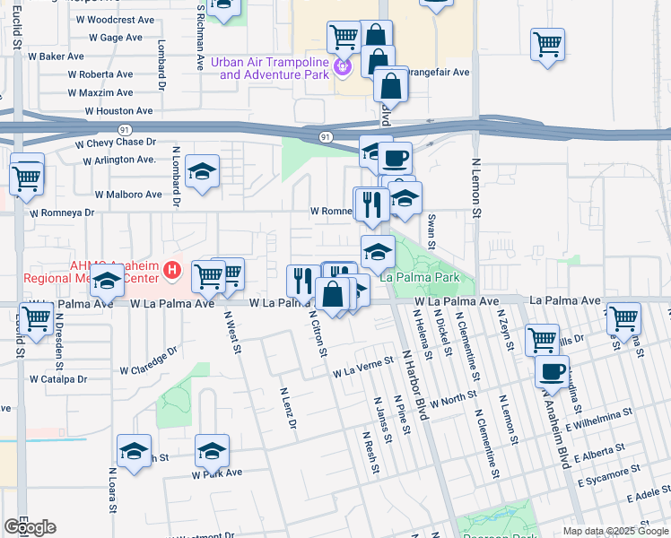 map of restaurants, bars, coffee shops, grocery stores, and more near 623 West Julianna Street in Anaheim