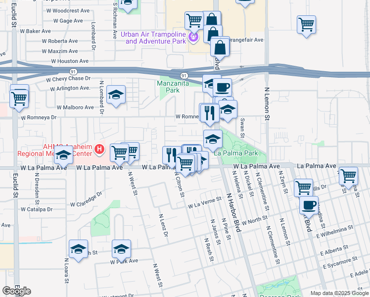 map of restaurants, bars, coffee shops, grocery stores, and more near 623 West Julianna Street in Anaheim