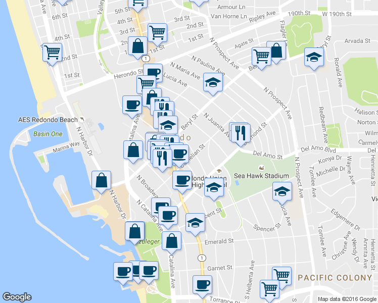 map of restaurants, bars, coffee shops, grocery stores, and more near 715 Carnelian Street in Redondo Beach