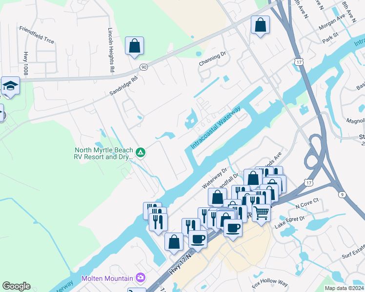 map of restaurants, bars, coffee shops, grocery stores, and more near 4518 North Plantation Harbour Drive in Little River