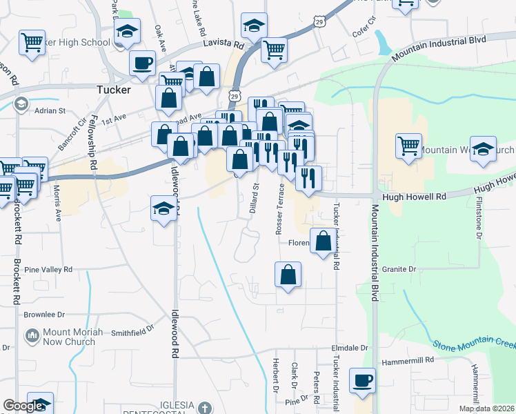map of restaurants, bars, coffee shops, grocery stores, and more near 2210 Dillard Street in Tucker