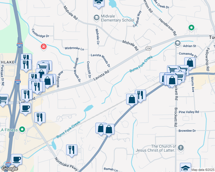 map of restaurants, bars, coffee shops, grocery stores, and more near 2183 Aldah Drive in Tucker
