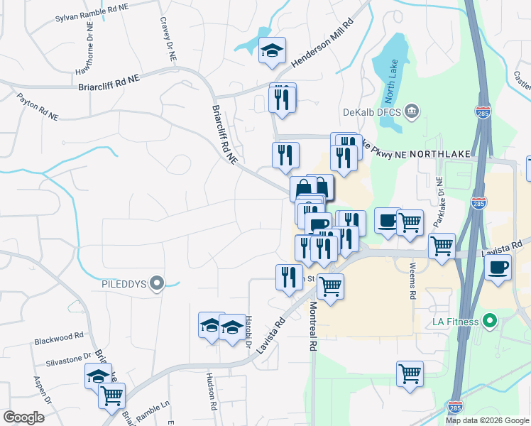 map of restaurants, bars, coffee shops, grocery stores, and more near 2175 McCully Court in Atlanta
