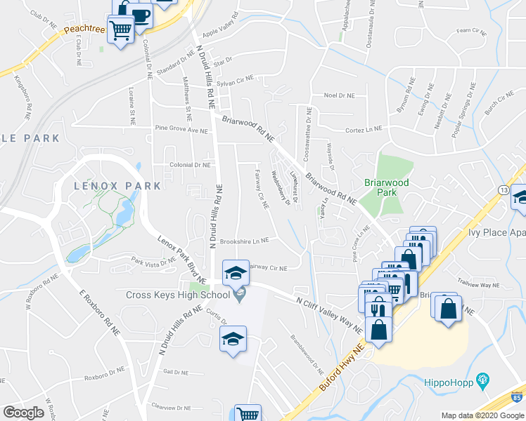 map of restaurants, bars, coffee shops, grocery stores, and more near 1915 Fairway Circle Northeast in Atlanta