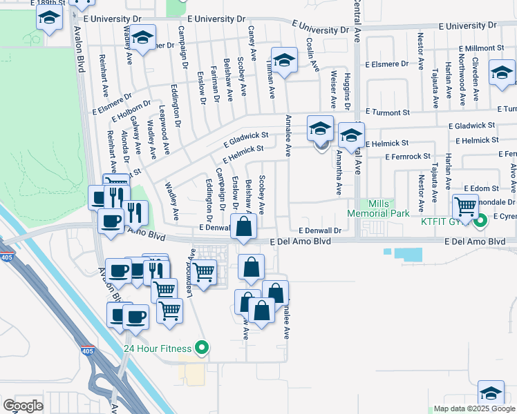 map of restaurants, bars, coffee shops, grocery stores, and more near 20119 Tillman Avenue in Carson