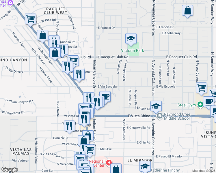 map of restaurants, bars, coffee shops, grocery stores, and more near 325 East Vía Escuela in Palm Springs