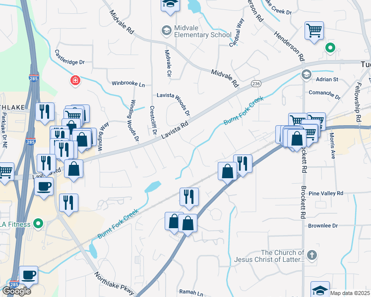 map of restaurants, bars, coffee shops, grocery stores, and more near 2183 Aldah Drive in Tucker