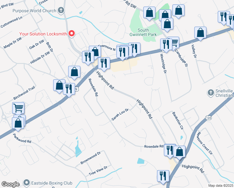 map of restaurants, bars, coffee shops, grocery stores, and more near 2245 Highpoint Road in Snellville