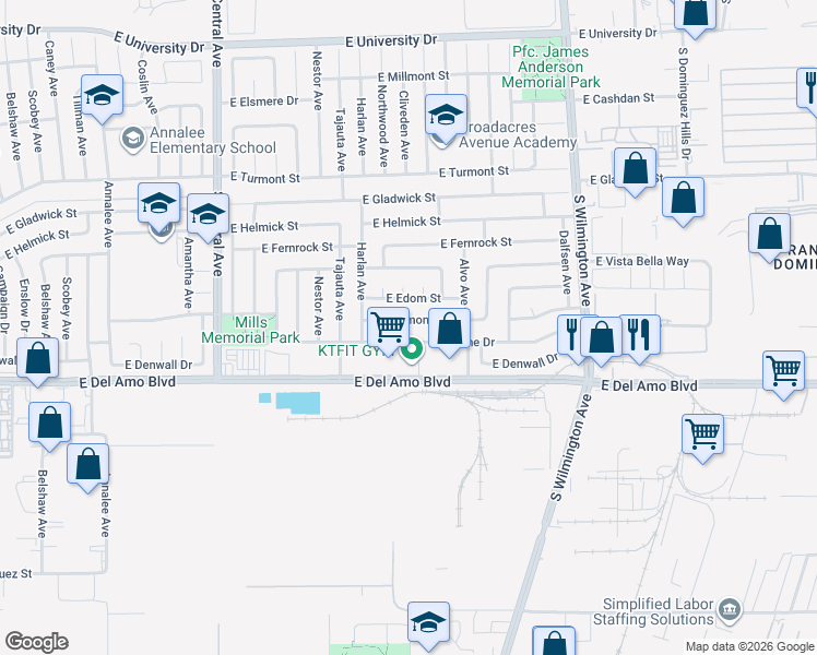 map of restaurants, bars, coffee shops, grocery stores, and more near 1702 East Dimondale Drive in Carson
