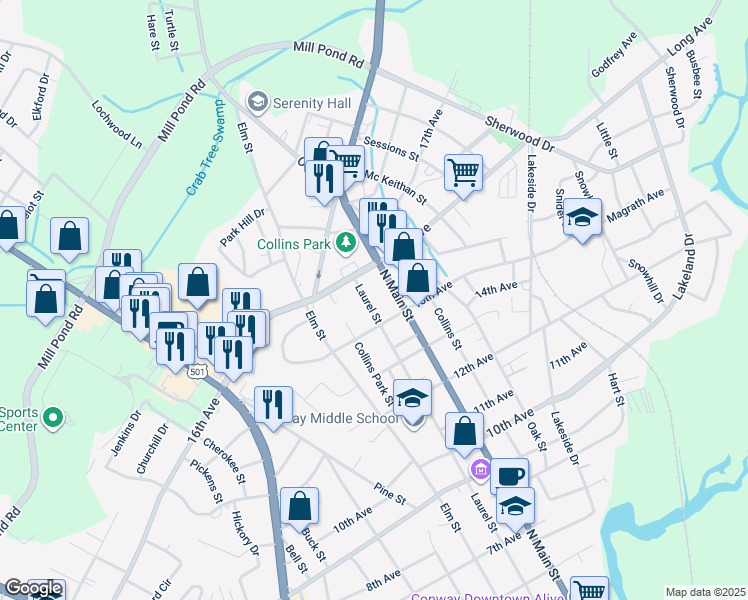 map of restaurants, bars, coffee shops, grocery stores, and more near 1508 Laurel Street in Conway