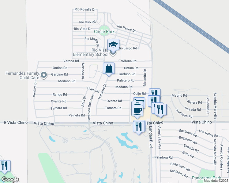 map of restaurants, bars, coffee shops, grocery stores, and more near 67685 Medano Road in Cathedral City