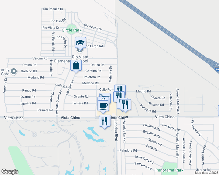 map of restaurants, bars, coffee shops, grocery stores, and more near 67900 Quijo Road in Cathedral City
