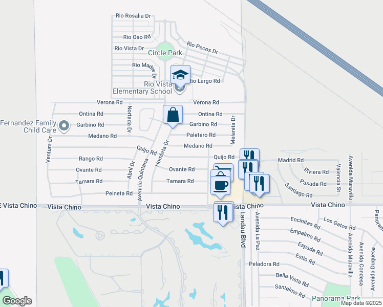 map of restaurants, bars, coffee shops, grocery stores, and more near 67720 Quijo Road in Cathedral City