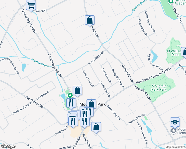 map of restaurants, bars, coffee shops, grocery stores, and more near 1065 Lanford Drive Southwest in Lilburn