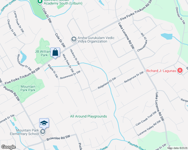 map of restaurants, bars, coffee shops, grocery stores, and more near 1346 Arlene Court Southwest in Lilburn