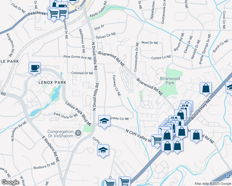 map of restaurants, bars, coffee shops, grocery stores, and more near 1915 Fairway Circle Northeast in Atlanta