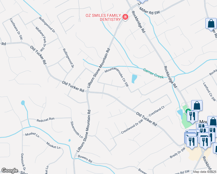 map of restaurants, bars, coffee shops, grocery stores, and more near 5647 Mountainbrooke Court in Stone Mountain