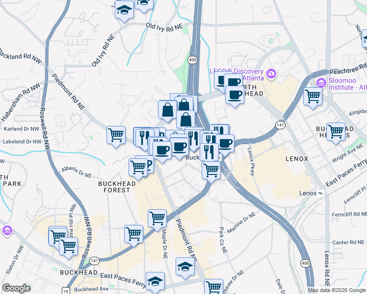 map of restaurants, bars, coffee shops, grocery stores, and more near 3495 Buckhead Loop Northeast in Atlanta