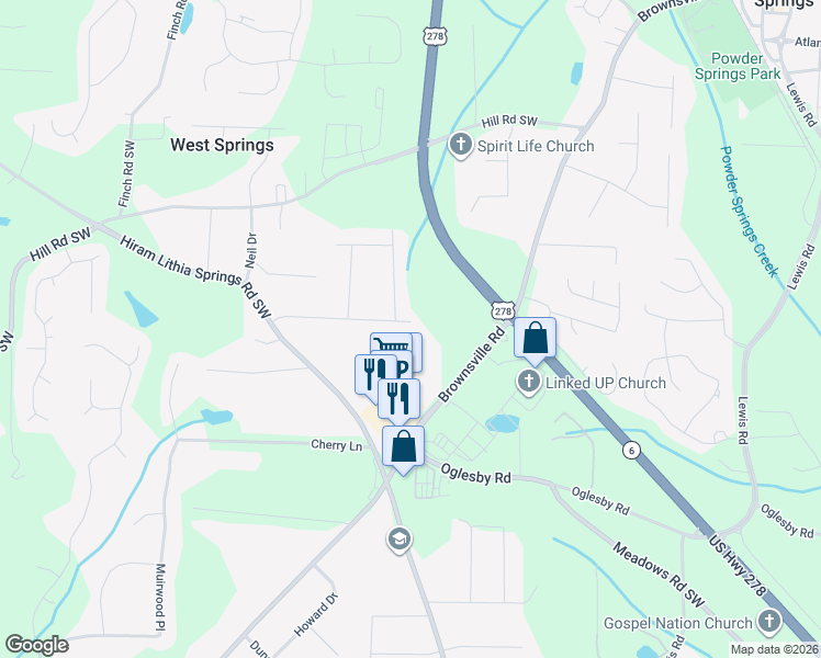 map of restaurants, bars, coffee shops, grocery stores, and more near 5000 Paris Avenue in Powder Springs