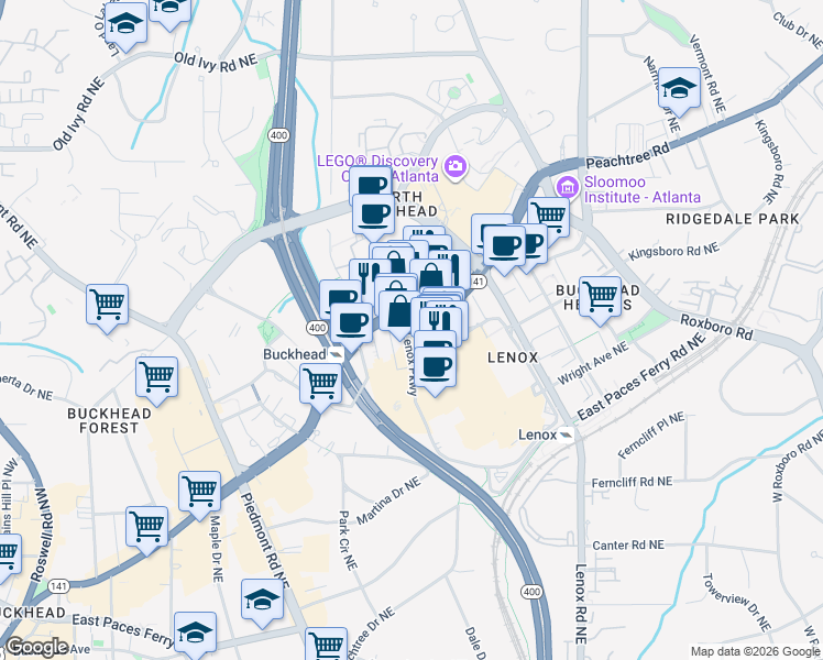 map of restaurants, bars, coffee shops, grocery stores, and more near 3393 Peachtree Road in Atlanta