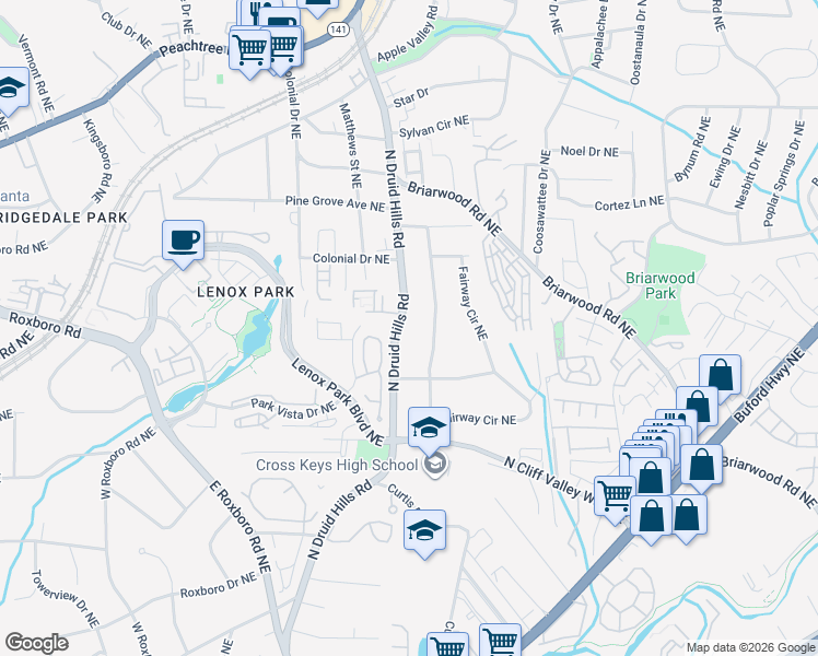 map of restaurants, bars, coffee shops, grocery stores, and more near 1484 North Druid Hills Road in Atlanta