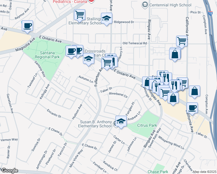 map of restaurants, bars, coffee shops, grocery stores, and more near 970 Riverview Circle in Corona