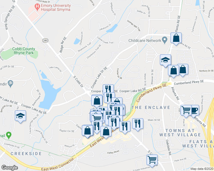 map of restaurants, bars, coffee shops, grocery stores, and more near 4286 Laurel Creek Court Southeast in Smyrna