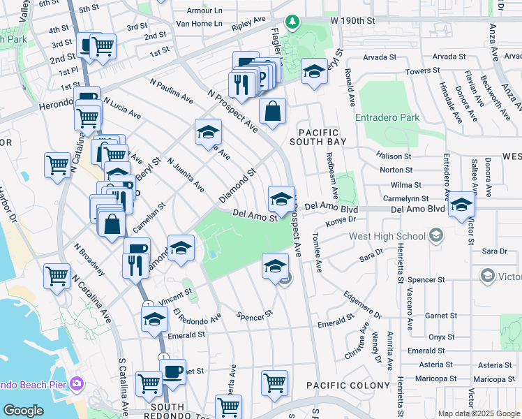 map of restaurants, bars, coffee shops, grocery stores, and more near 404 North Maria Avenue in Redondo Beach