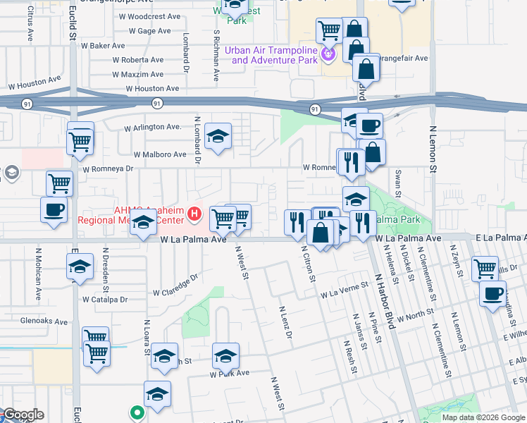 map of restaurants, bars, coffee shops, grocery stores, and more near 1149 North Mayfair Avenue in Anaheim